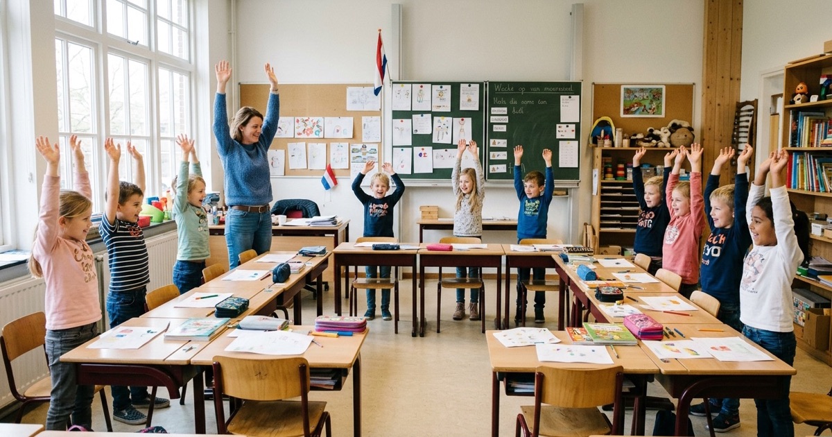 Leerlingen staan naast hun tafels en doen een korte bewegingsoefening in een licht klaslokaal.
