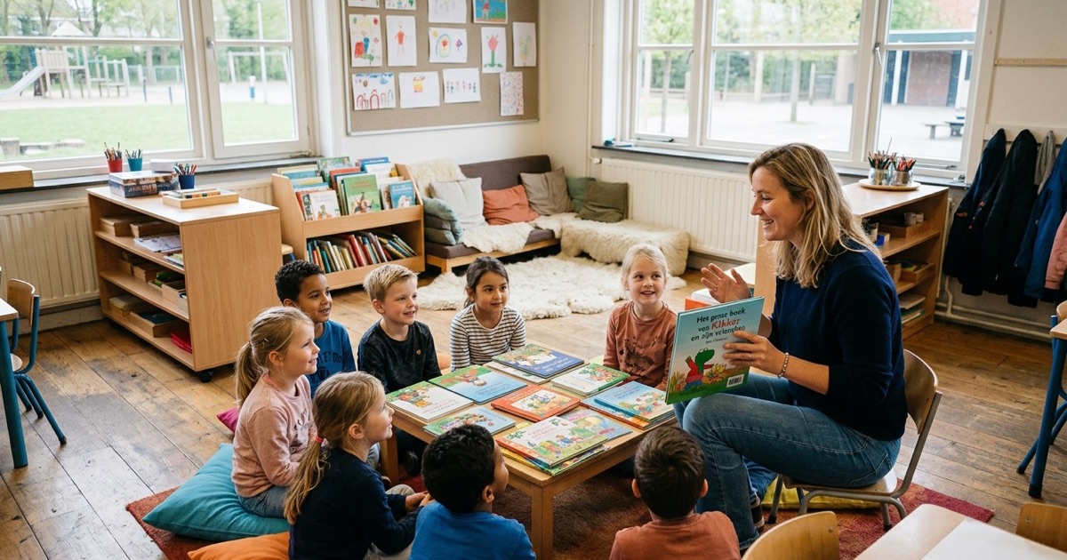 Kinderen staan rond een lage tafel met kinderboeken terwijl de leerkracht één boek omhooghoudt in de klas