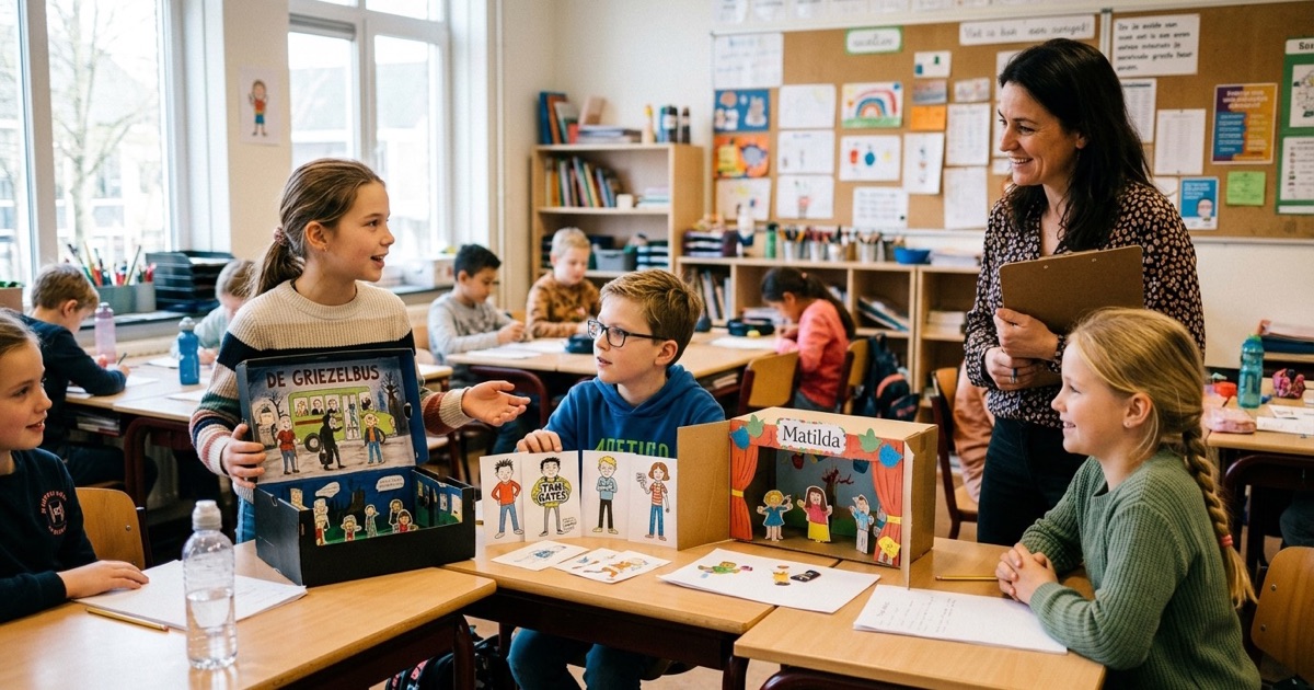 Bovenbouwleerlingen presenteren creatieve boekprojecten met een kijkdoos, kaartjes en een papieren theater