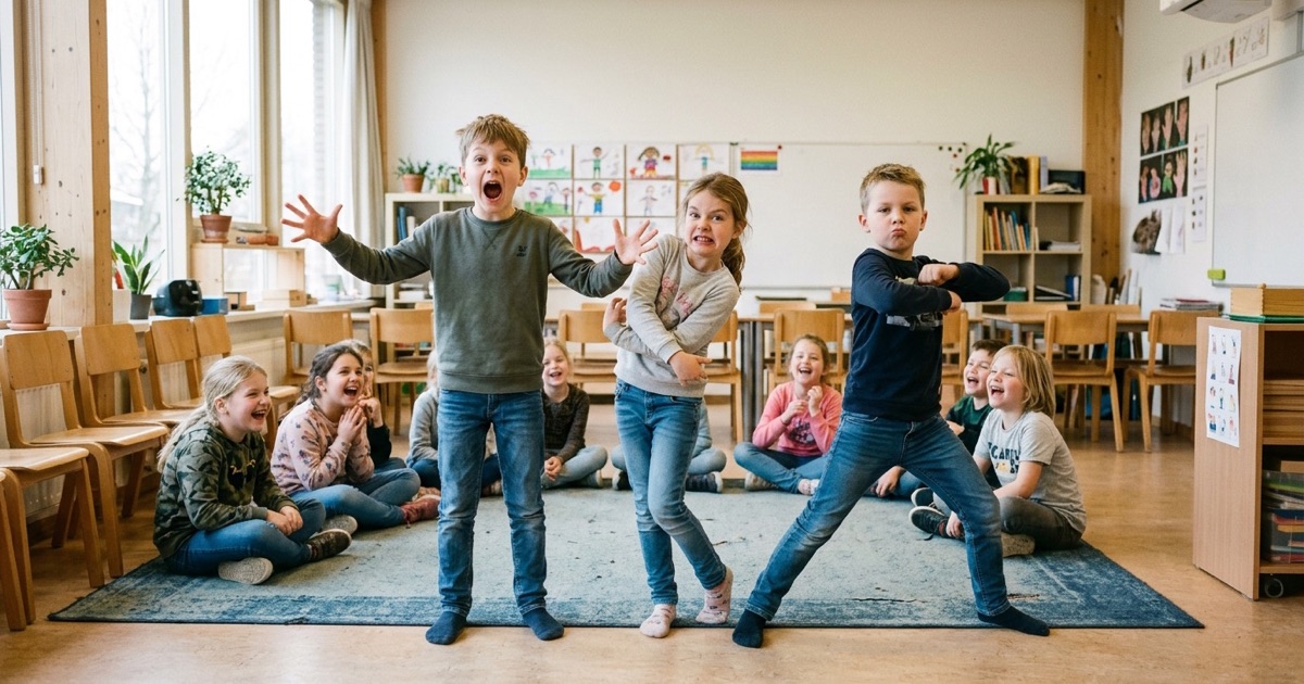 Kinderen beelden om de beurt een korte scène uit terwijl klasgenoten toekijken in het lokaal.