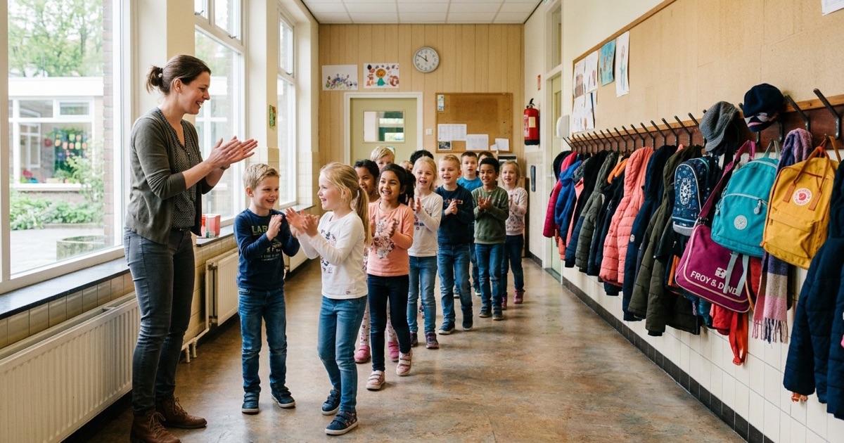 Leerlingen staan in een rij in de gang en doen met hun handen een korte energizer zonder materiaal.