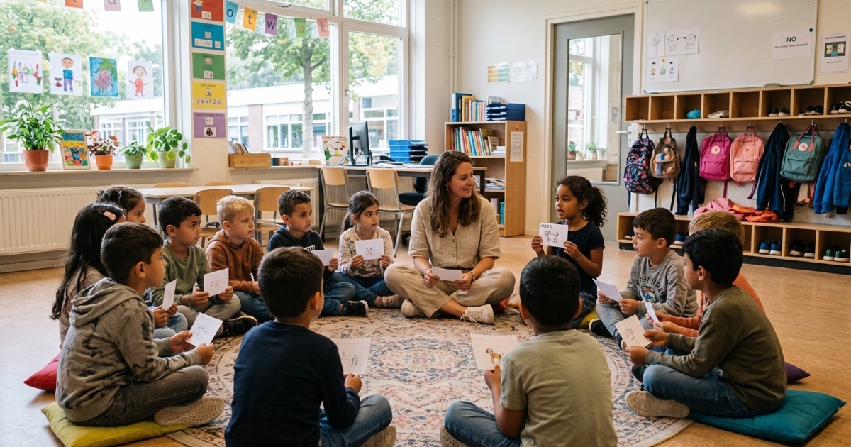Een leerkracht zit in een kring met kinderen die kaartjes vasthouden, met rugzakken bij de deur.