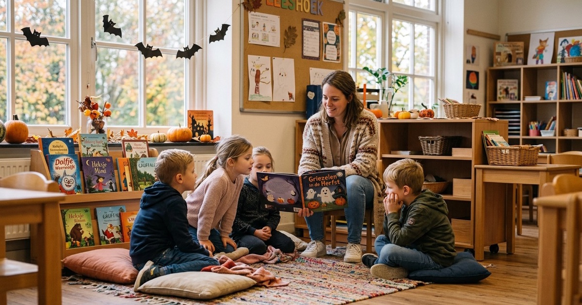 Een leerkracht zit in de leeshoek met kinderen die griezelige prentenboeken bekijken bij pompoenen en vleermuizen