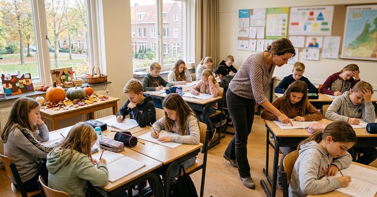Bovenbouwleerlingen schrijven griezelverhalen aan hun tafels terwijl de leerkracht door de klas loopt
