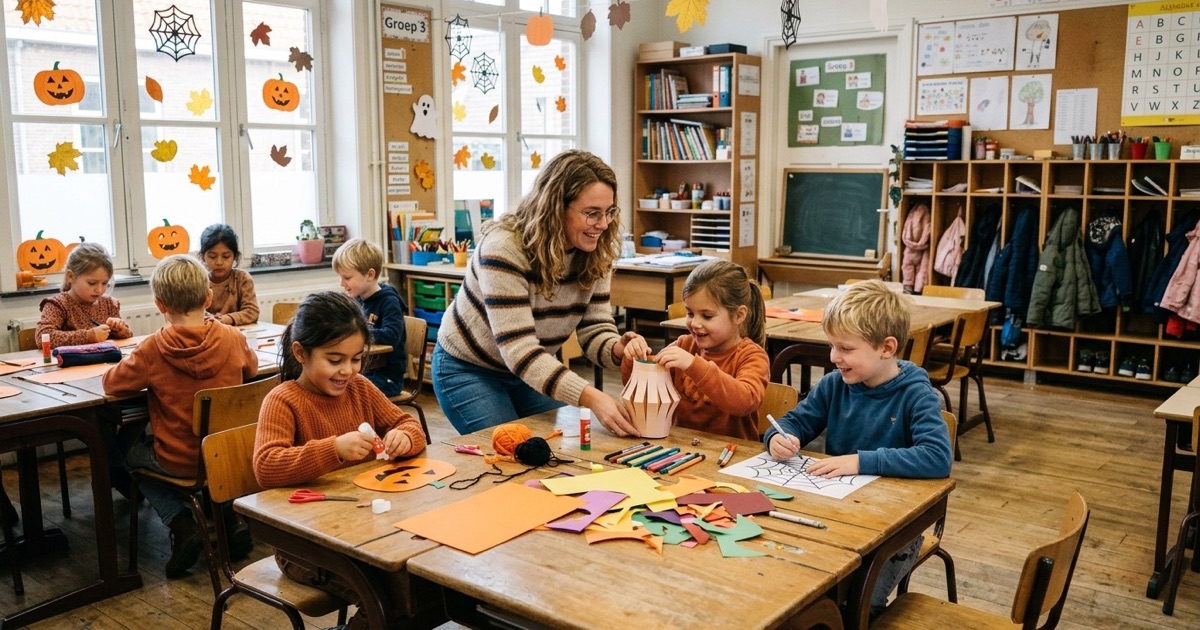 Kinderen maken vriendelijke halloweenknutsels aan groepstafels met papieren pompoenen en herfstbladeren