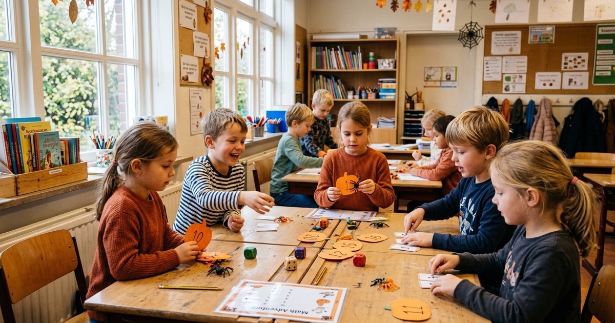 Kinderen spelen in groepjes een rekenspel met papieren pompoenen, speelgoedspinnen, dobbelstenen en kaartjes