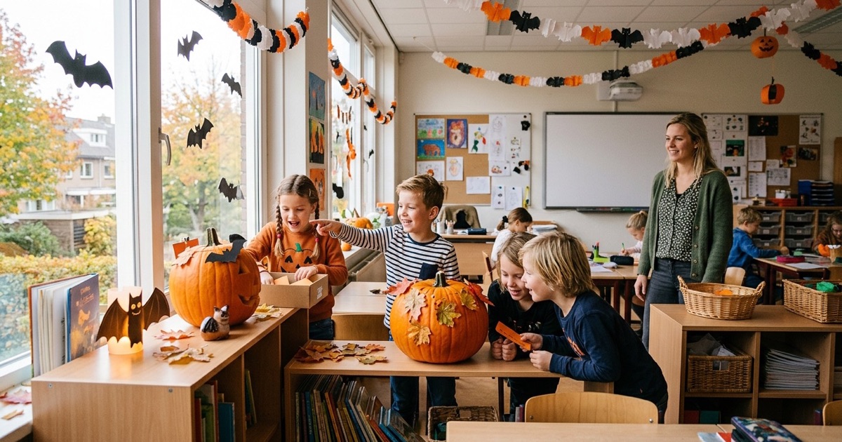 Kinderen zoeken in groepjes naar verstopte aanwijzingskaartjes bij een pompoen en papieren vleermuizen