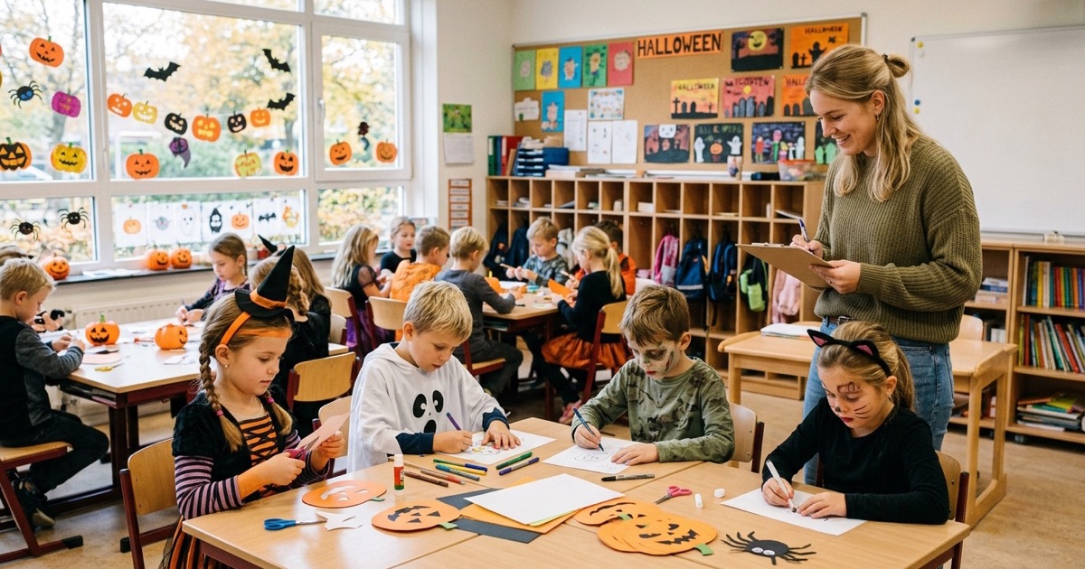 Kinderen in eenvoudige kostuums knutselen aan tafels terwijl de leerkracht een klembord bekijkt in de klas
