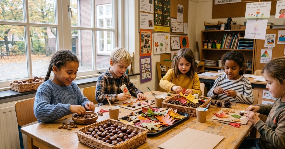 Een groepstafel ligt vol herfstbladeren, kastanjes, papier en scharen voor een herfstactiviteit.