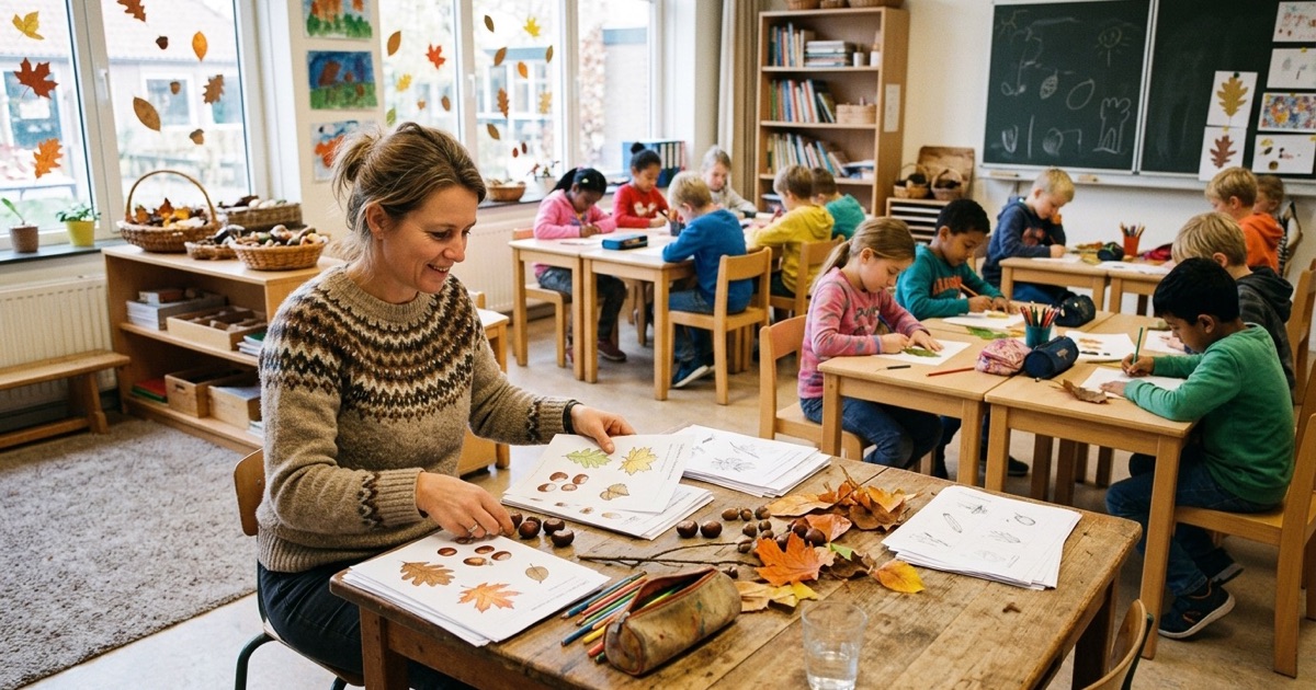 Een leerkracht sorteert werkbladen met bladeren, kastanjes en potloden terwijl kinderen rustig werken