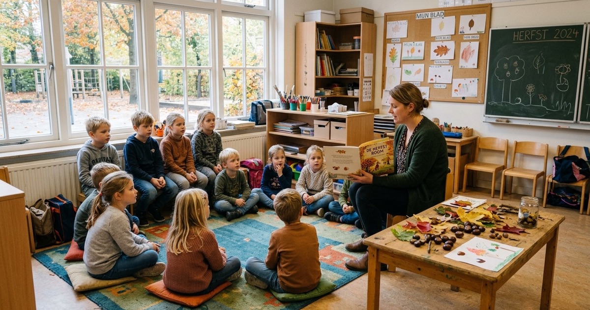 Een leerkracht leest voor uit een prentenboek terwijl kinderen in een halve kring op het kleed zitten