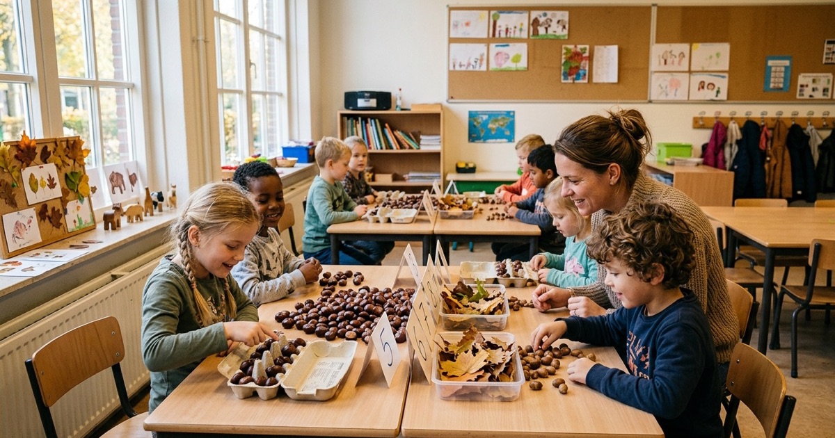Kinderen tellen kastanjes en eikels in eierdozen aan groepstafels terwijl een leerkracht meekijkt.