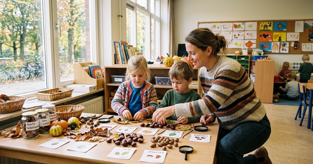 Een leerkracht helpt twee kinderen herfstbladeren, kastanjes en pompoenen op een lage herfsttafel leggen