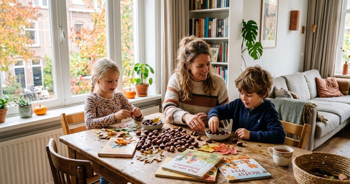 Een ouder en twee kinderen sorteren kastanjes, bladeren en boeken aan een houten tafel in de woonkamer