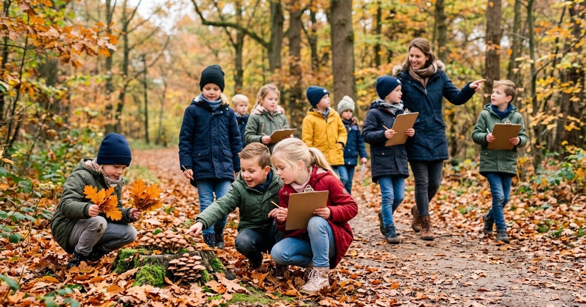 Kinderen lopen met een leerkracht door een herfstpark en verzamelen bladeren met klemborden in hun hand.