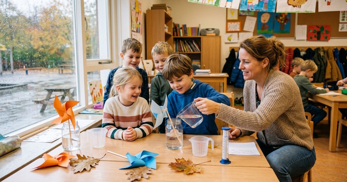 Kinderen doen weerproefjes met potten water, windmolentjes en maatbekers aan groepstafels in de klas