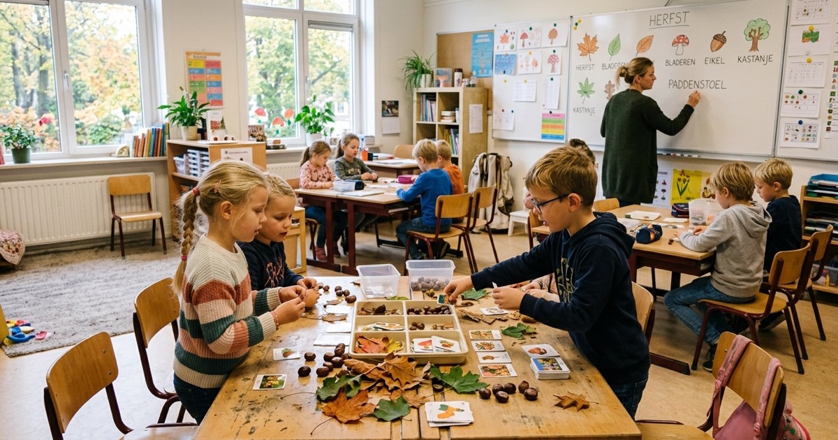 Kinderen sorteren bladeren, kastanjes en beeldkaartjes aan tafels terwijl de leerkracht bij het bord staat.