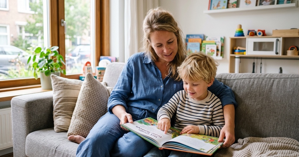 Een kind leest aan tafel in een boek terwijl een klok en een stapel boeken naast het boek liggen.