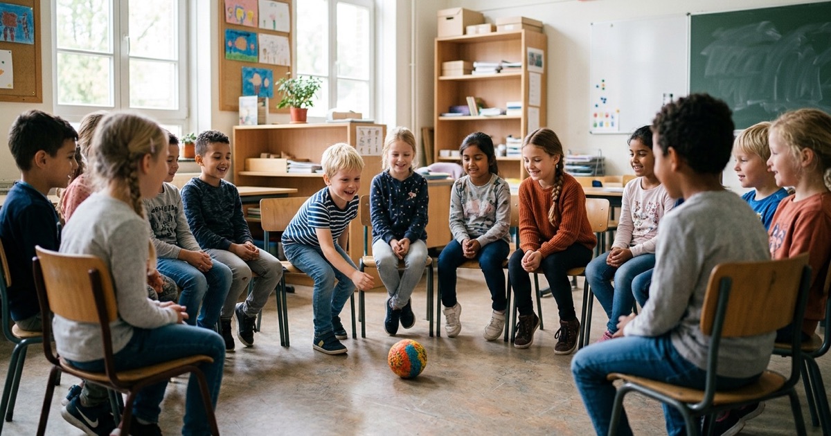 Leerlingen zitten in een kring en gooien een zachte bal tijdens een kennismakingsspel in de klas.
