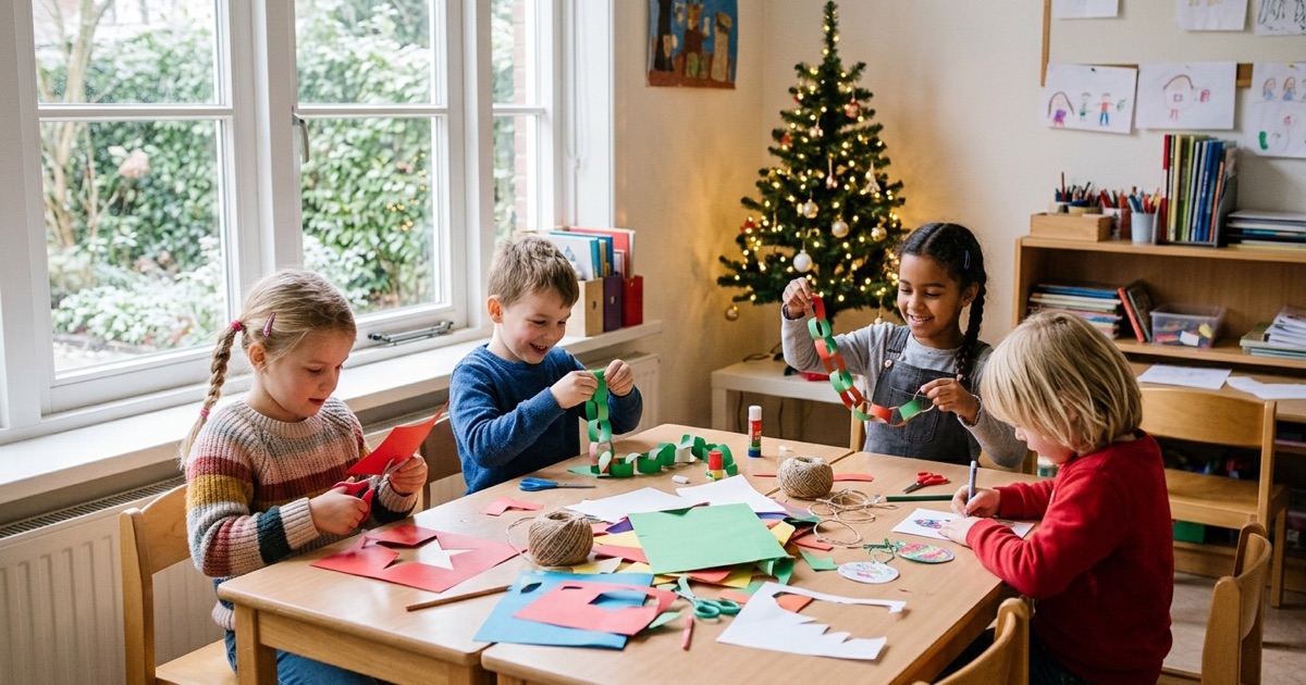 Kinderen knutselen papieren kerstversiering aan tafels in een rustig ingericht klaslokaal.