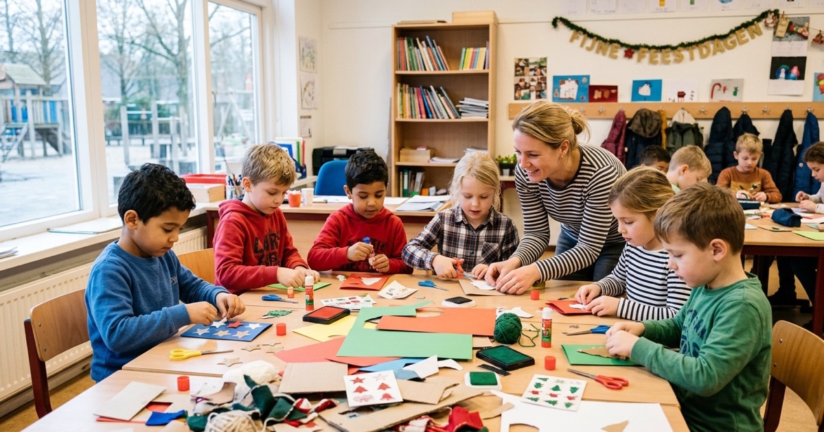 Kinderen maken kerstkaarten aan groepstafels met gekleurd papier, lijm, scharen, stempels en restmateriaal.
