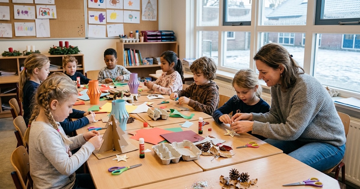 Kinderen maken kerstknutsels aan groepstafels met papieren sterren, lijm, scharen en hergebruikte materialen.