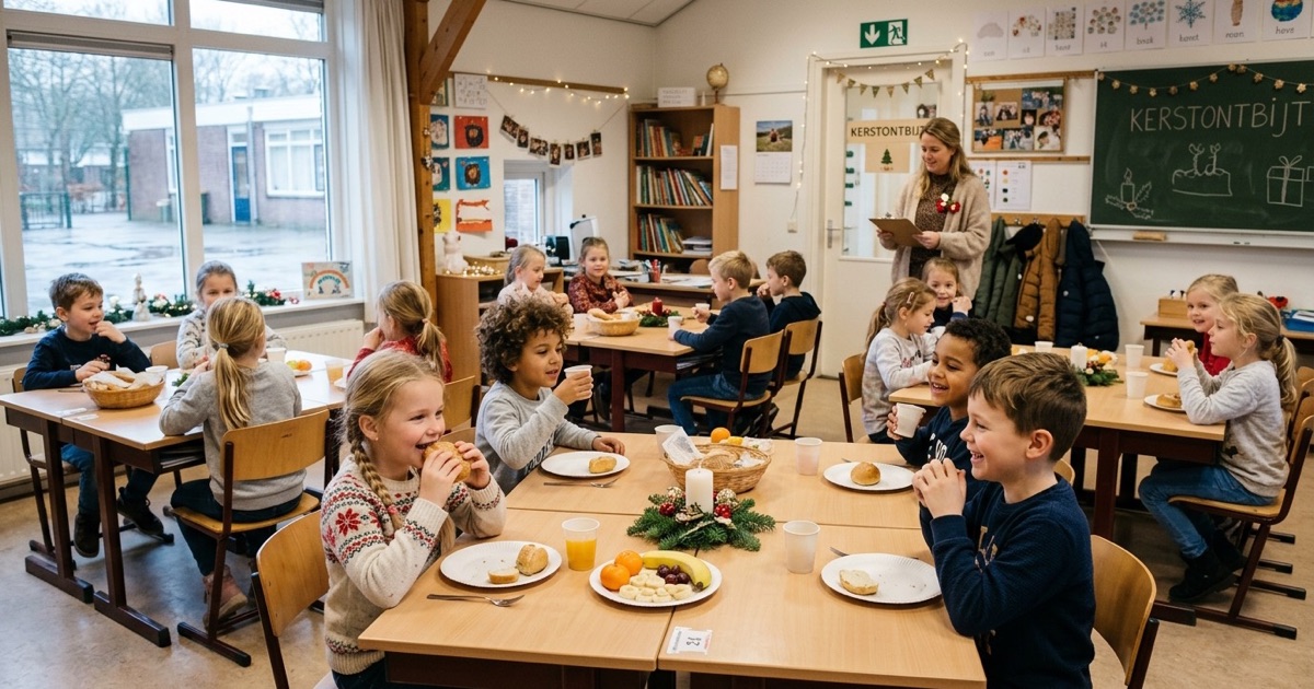 Kinderen zitten aan groepstafels met kerstversiering, broodjes en fruit terwijl de leerkracht bij de deur staat.
