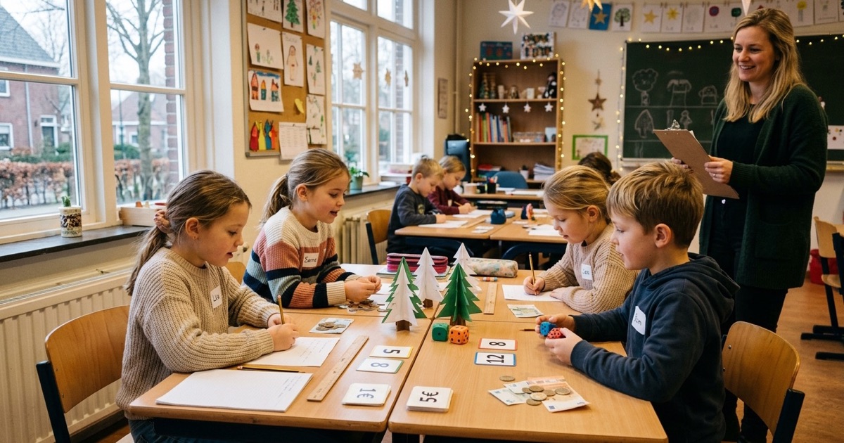 Kinderen rekenen samen aan groepstafels met papieren kerstboompjes, dobbelstenen, kaartjes en euromunten.