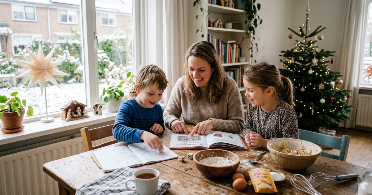 Een ouder en twee kinderen zitten thuis aan tafel met een prentenboek, dobbelstenen, een schrift en bakspullen.