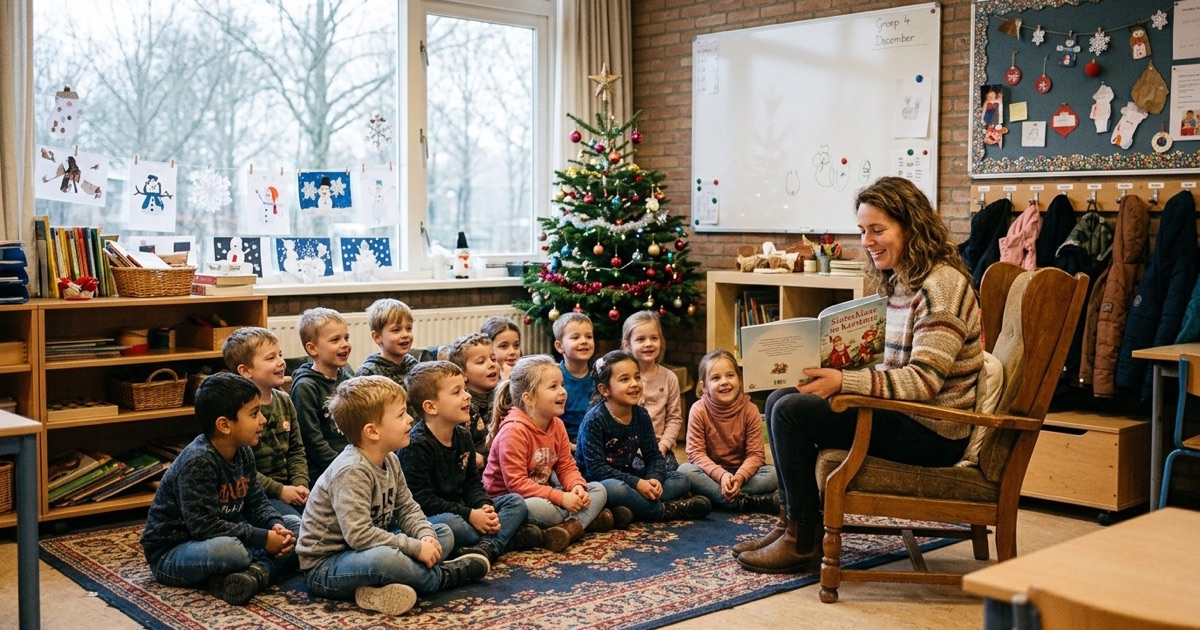 De leerkracht leest voor uit een prentenboek terwijl kinderen op het kleed zitten bij een kleine kerstboom.