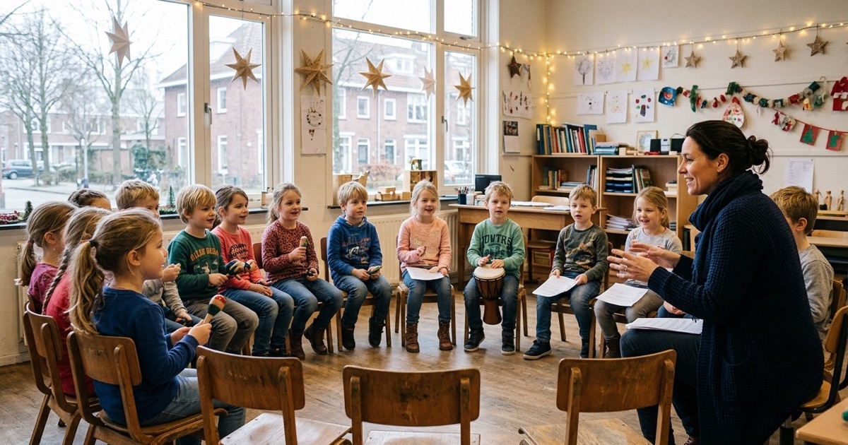 Kinderen oefenen met de leerkracht een eenvoudige kerstvoorstelling tussen stoelen, papieren sterren en lampjes.