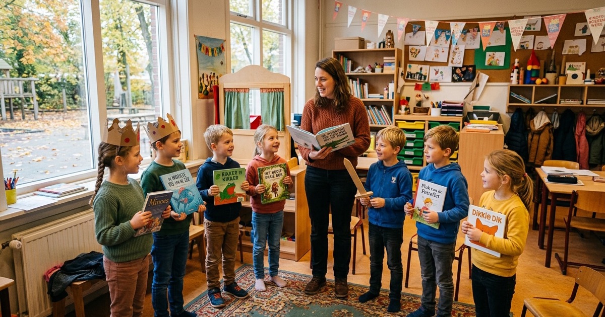 Kinderen staan in een kleine kring met prentenboeken en toneelspullen terwijl de leerkracht een boek vasthoudt