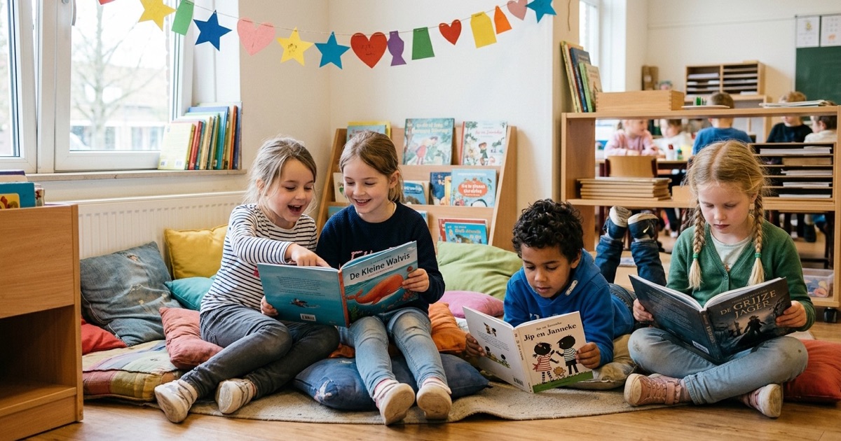 Leerlingen lezen samen in boeken tussen slingers en een versierde boekentafel in de klas.