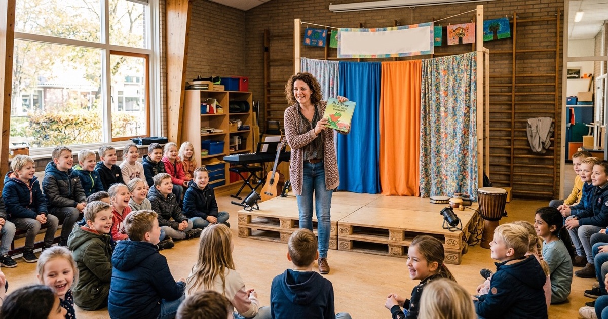Kinderen zitten en staan rond een klein podium in de schoolhal terwijl een leerkracht een kinderboek vasthoudt