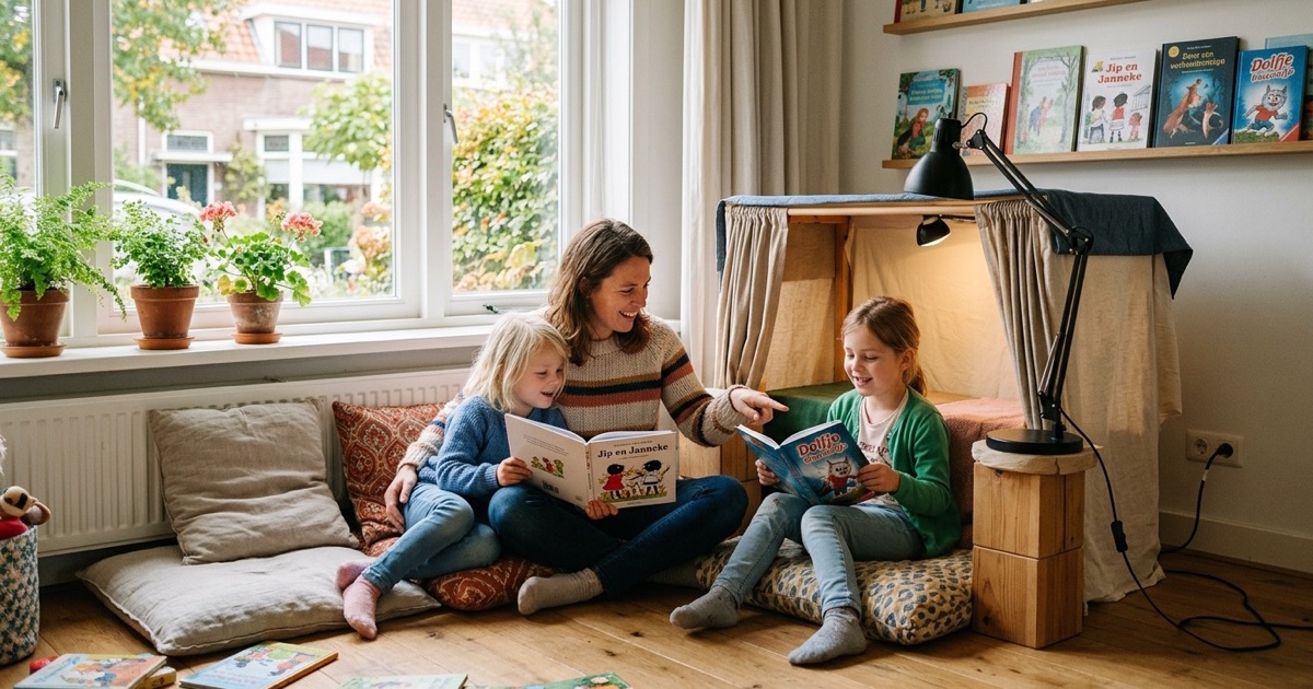 Een ouder en twee kinderen lezen samen kinderboeken bij een klein thuispodium met een bureaulamp als spot