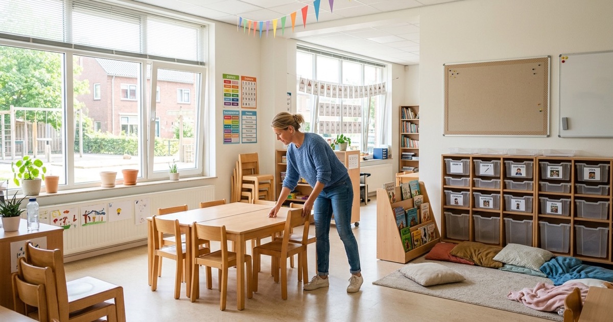 Een leerkracht schuift tafels in groepjes in een licht klaslokaal met leeshoek en lege prikborden.
