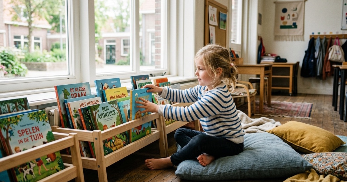 Boeken staan in bakken op een lage kast, met handgeschreven labels voor de klassenbibliotheek.