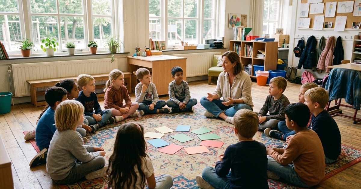 Een leerkracht en leerlingen zitten in een kring op een kleed met lege gekleurde kaartjes op de vloer.