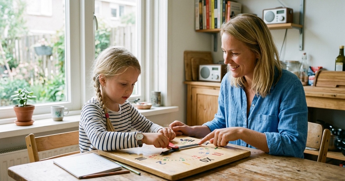Een kind draait de wijzers van een oefenklok terwijl een werkblad met tijden op tafel ligt.