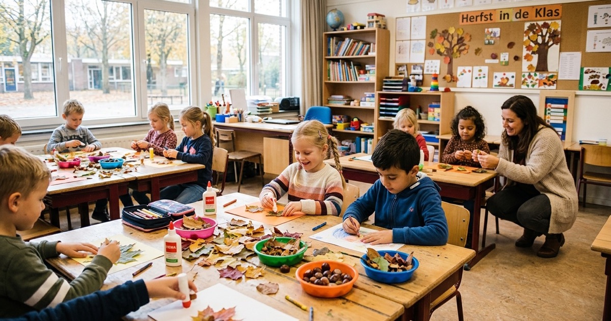 Kinderen knutselen met gedroogde herfstbladeren, lijm en kleurpotloden aan tafels in de klas.