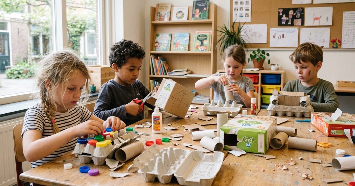 Kinderen knutselen met wc-rollen, doppen, dozen en lijm aan een grote tafel in de klas.