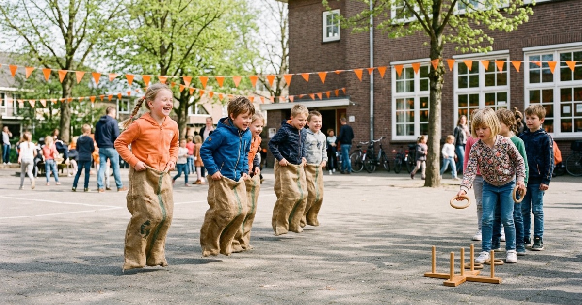 Kinderen spelen een oranje spel met bekers en kaartjes aan een groepstafel in een klaslokaal.
