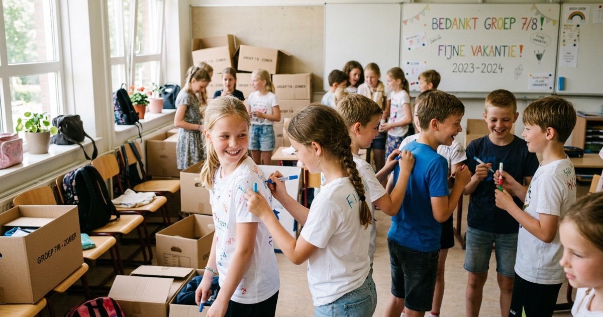 Kinderen zitten in groepjes rond spelletjes en tekenmateriaal tijdens een activiteit in de laatste schoolweek.