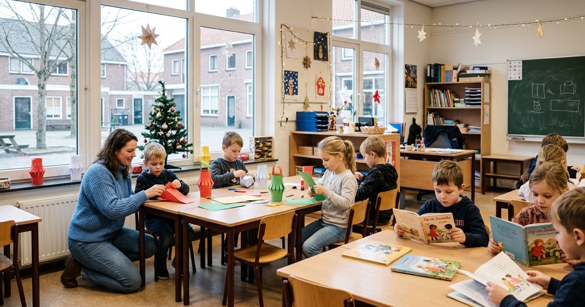 Kinderen maken papieren lampionnen en lezen prentenboeken aan groepstafels terwijl de leerkracht helpt.