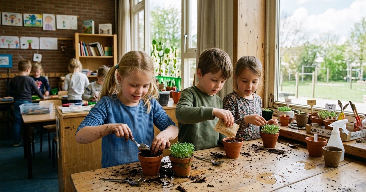 Kinderen maken lenteknutsels met bloemen, papier en kleurpotloden aan een groepstafel in de klas.