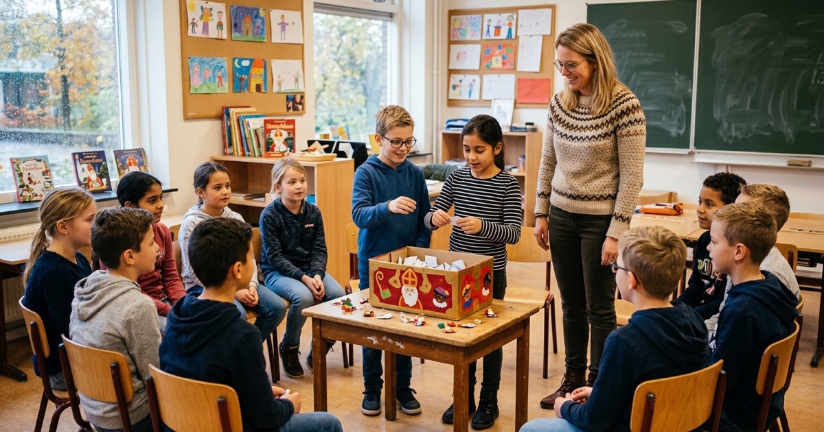 Kinderen trekken gevouwen lootjes uit een versierde Sinterklaasdoos terwijl de leerkracht erbij staat.