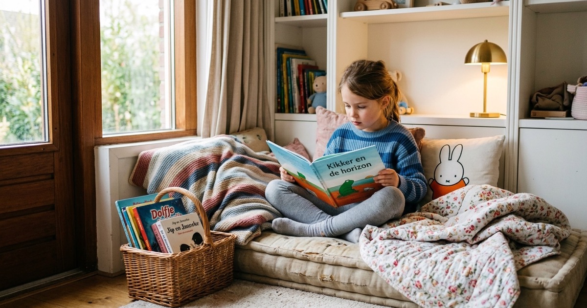 Een kind kiest een boek uit een lage boekenkast terwijl een volwassene naast de kast meekijkt.