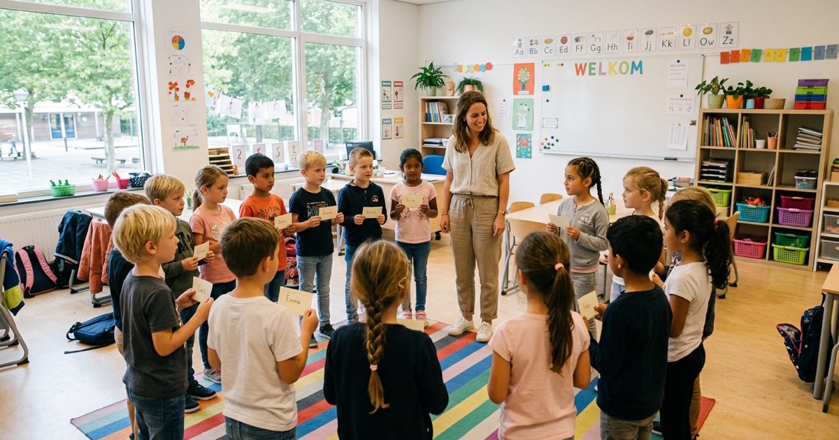 Een leerkracht staat in een kring met leerlingen die naamkaartjes vasthouden in een licht klaslokaal.
