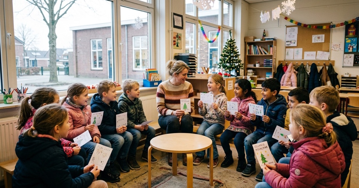 Kinderen zitten met de leerkracht in een kring rond een lage tafel en houden kaartjes met tekeningen vast.