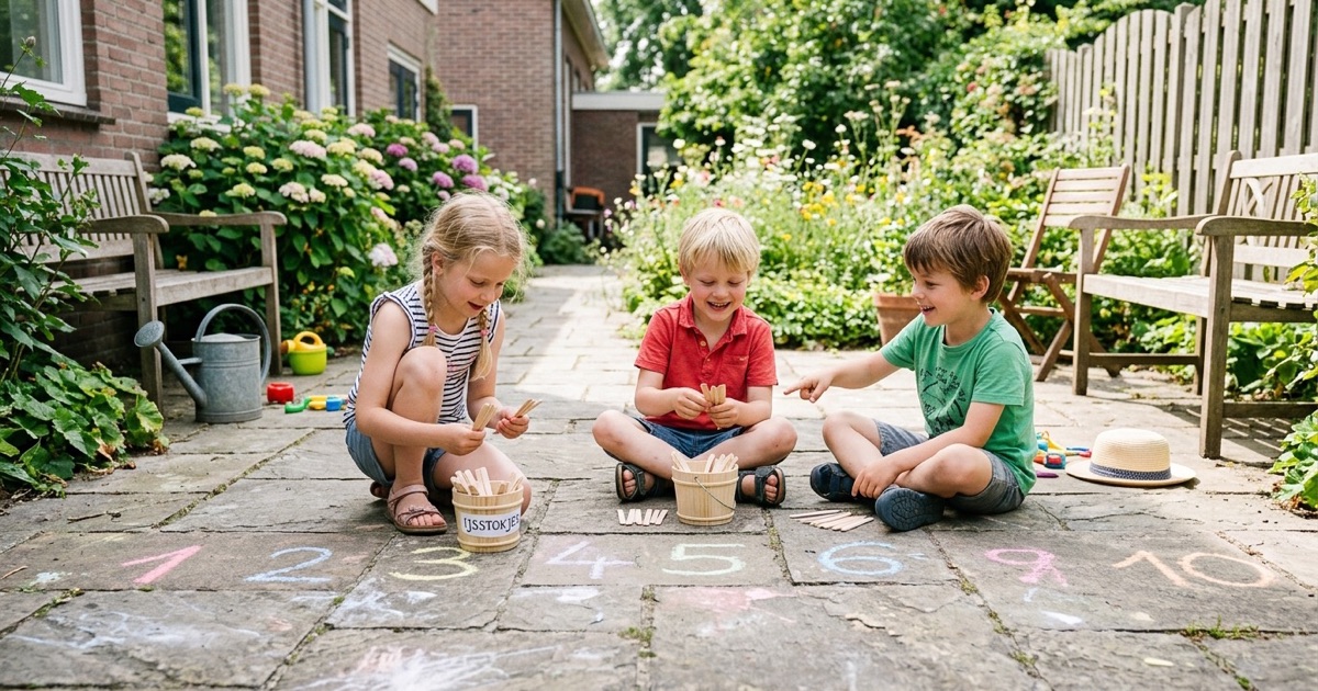 Een kind maakt zomeroefeningen aan een tuintafel met potloden, werkbladen en een glas water.